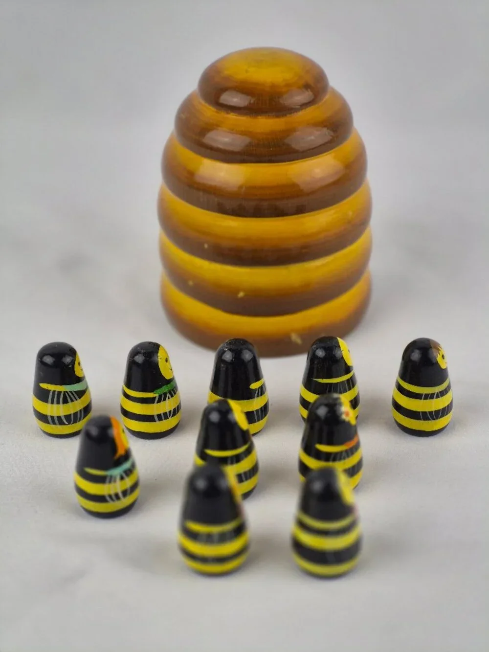 Hand Painted Ten Wooden Nesting Bees with Bee Hive